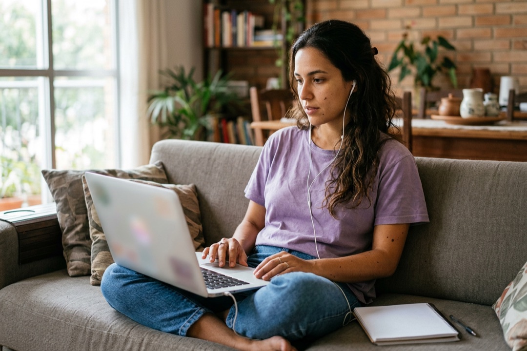 Mulher no sofá de casa, de fones, assistindo a um vídeo no notebook para conferir o produto antes de divulgar.
