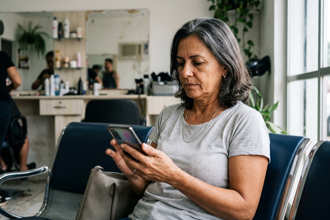 Mulher sentada em um salão de beleza digita uma anotação no celular, concentrada.