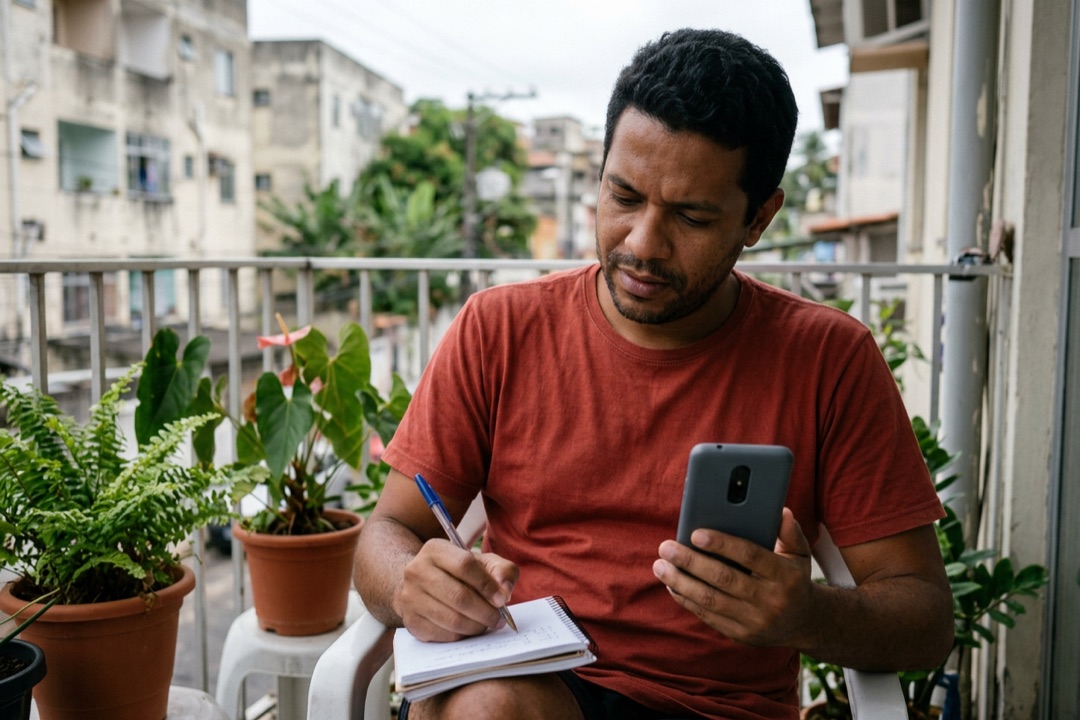 Homem na varanda anota num caderninho, com o celular na mão, os dados da venda que não apareceu