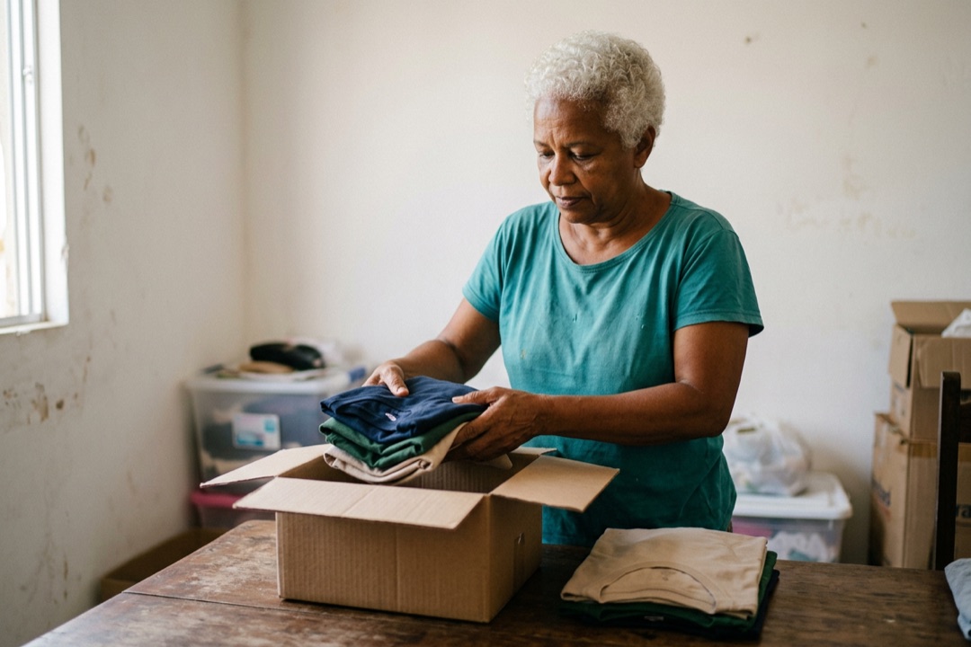 Mulher separando poucas camisetas dobradas numa caixa de papelão, começando a revenda com pouca quantidade