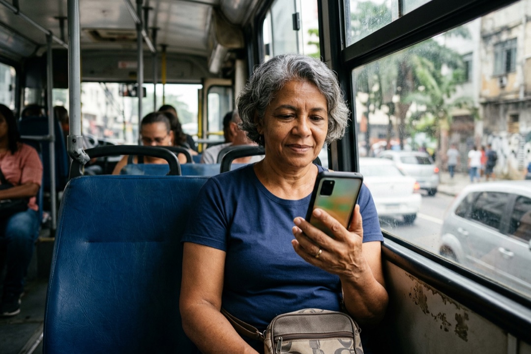 Mulher sentada no ônibus olhando um aviso no celular Android