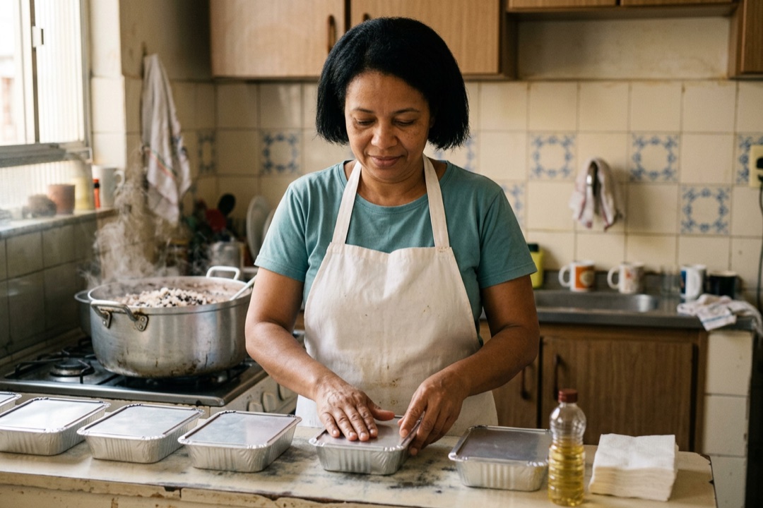Mulher fechando marmitas caseiras em uma bancada de cozinha