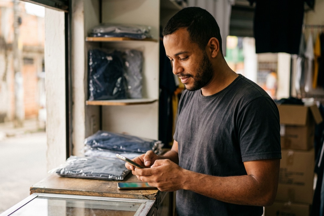 Homem digitando no celular atrás do balcão de uma loja pequena, escrevendo a legenda de uma divulgação