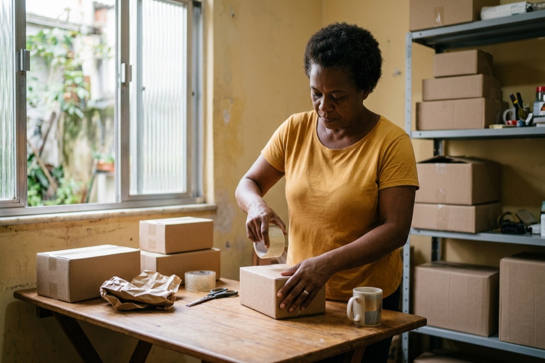 Mulher fechando com fita uma caixa de papelão em cima de uma mesa dobrável, ao lado de papel kraft e outras caixas.