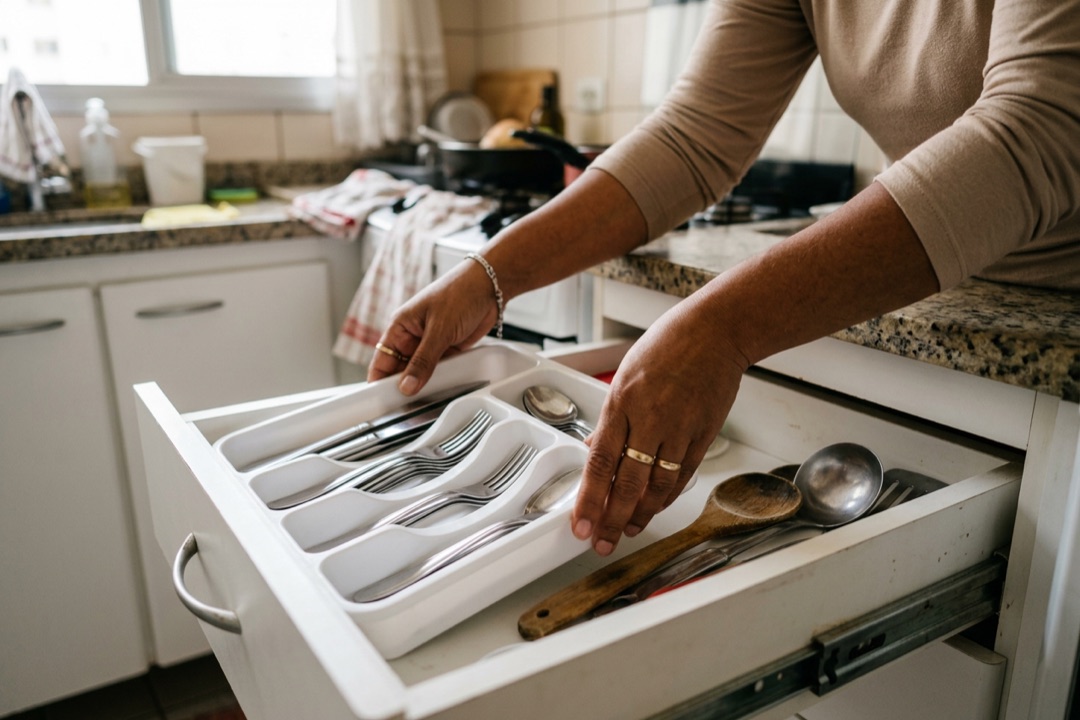 Mãos de uma mulher encaixando um organizador de talheres branco numa gaveta de cozinha