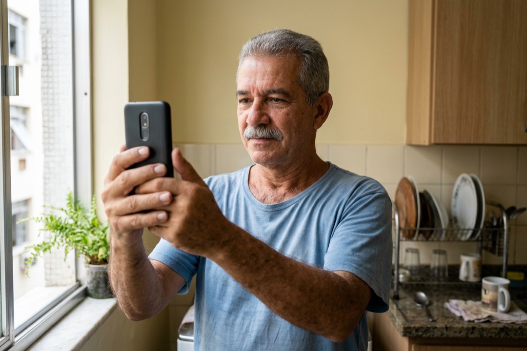 Homem de meia-idade segura o celular na altura do rosto, perto da janela, para fazer a biometria facial.