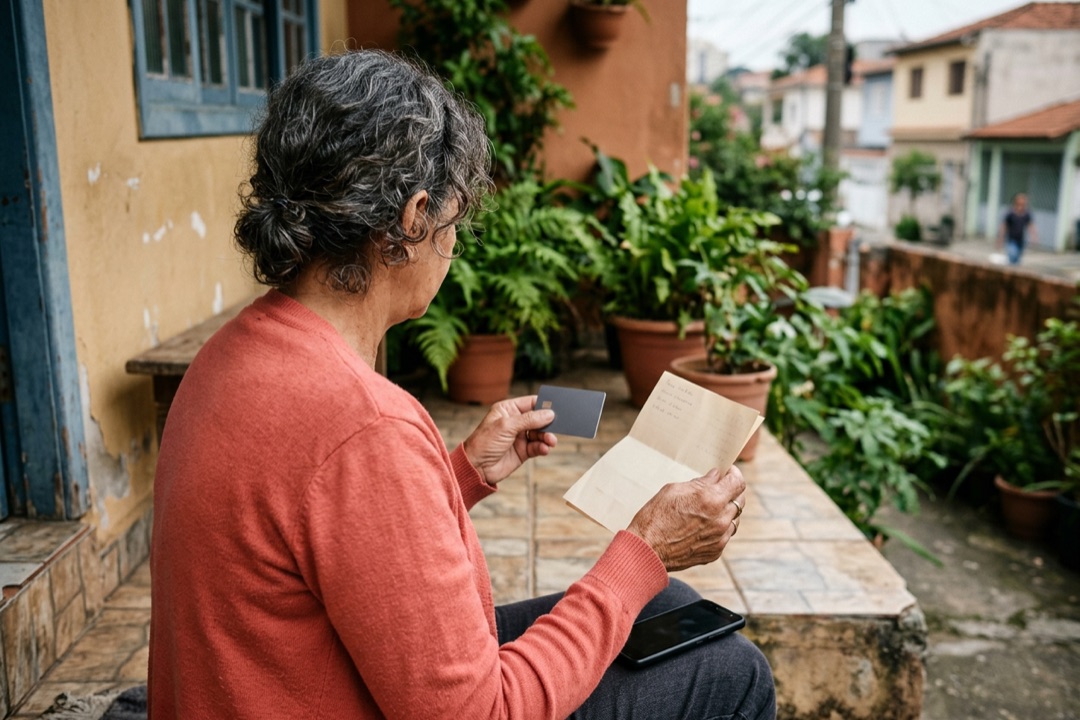 Mulher na varanda de casa compara um cartão de banco com um documento, com o celular no joelho.