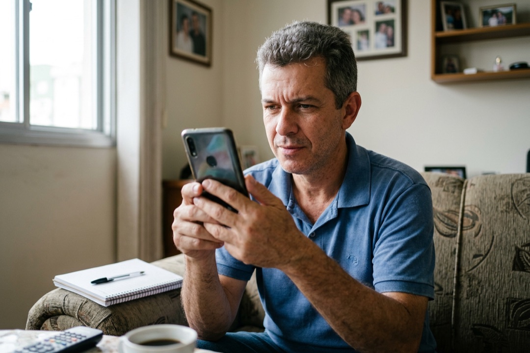 Homem no sofá da sala olha desconfiado para o celular, avaliando uma página de vendas antes de se afiliar.