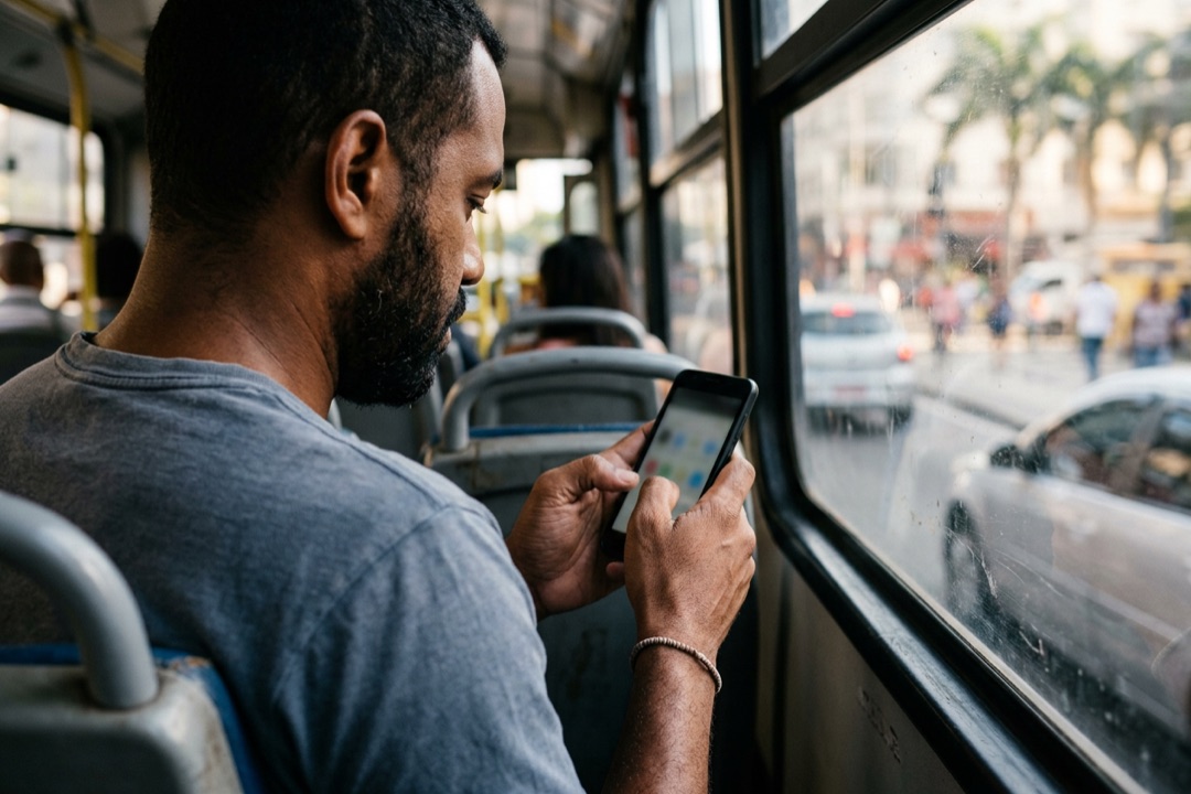 Homem sentado no ônibus digitando anotações no celular