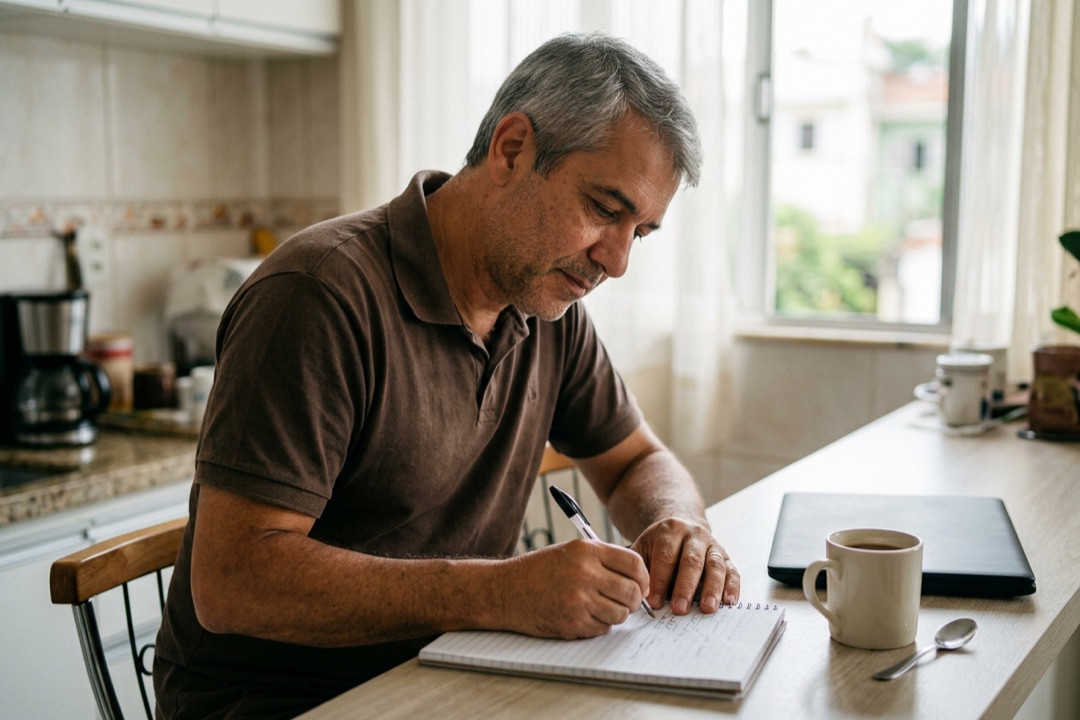 Homem de uns 50 anos escrevendo a lápis num bloco de notas na bancada da cozinha, de manhã.