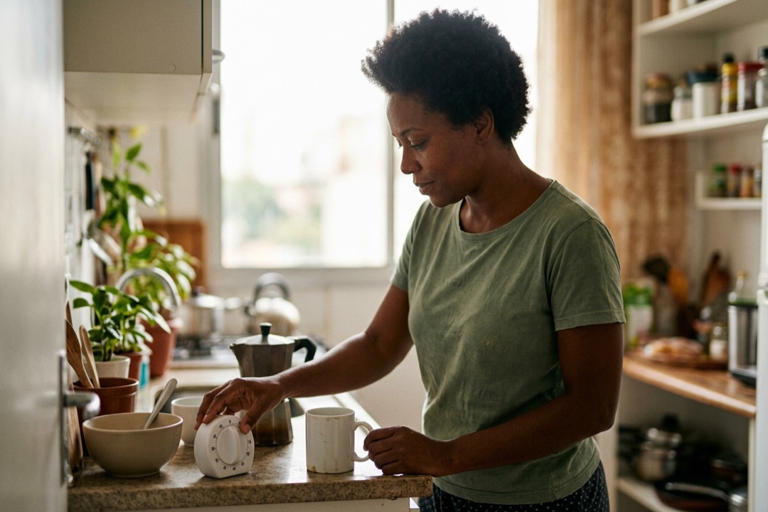 Mulher na cozinha girando um timer analógico ao lado de uma xícara de café, na rotina da manhã.