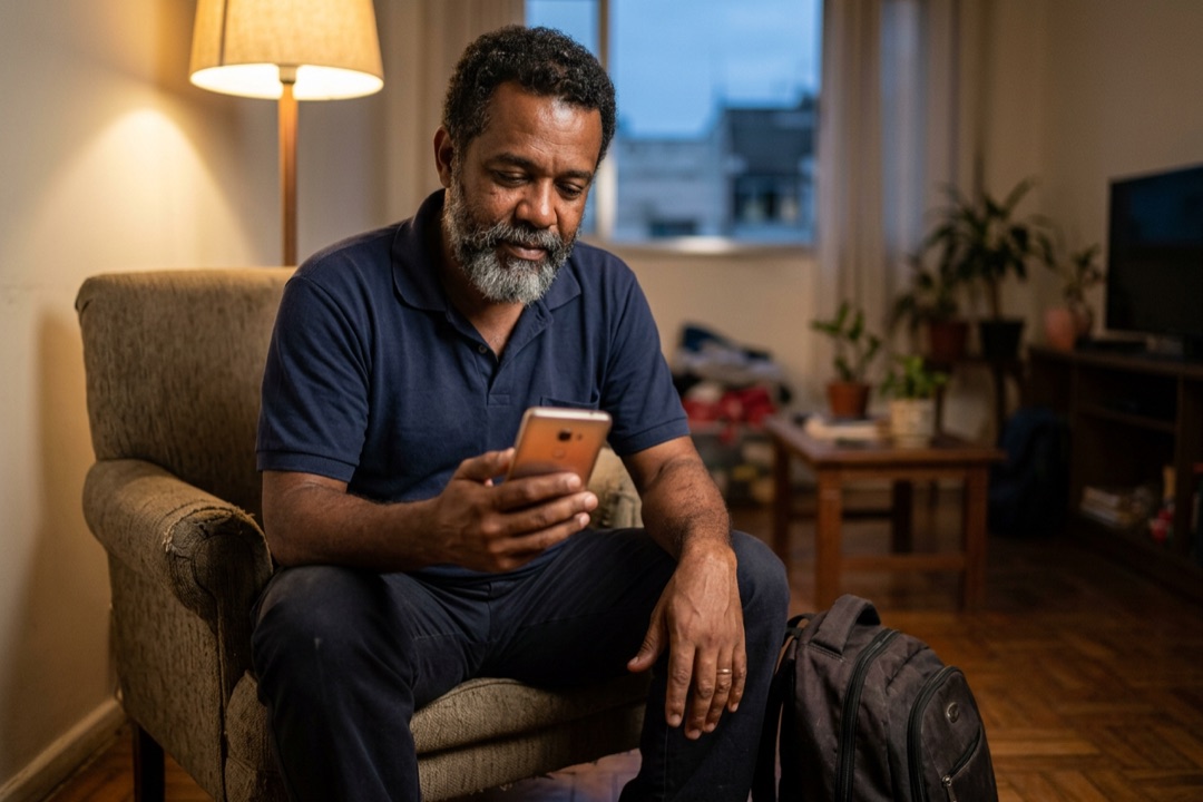 Homem cansado após o trabalho responde mensagens no celular, sentado na poltrona da sala.