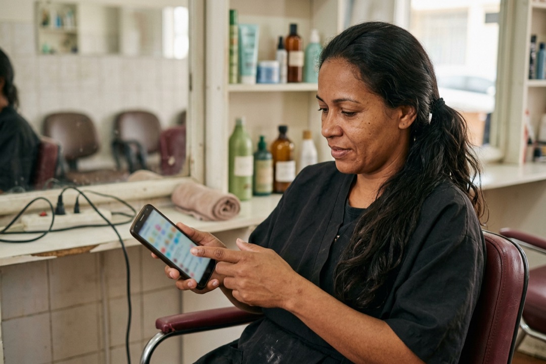 Cabeleireira sentada no salão digitando no celular, escrevendo um texto com calma