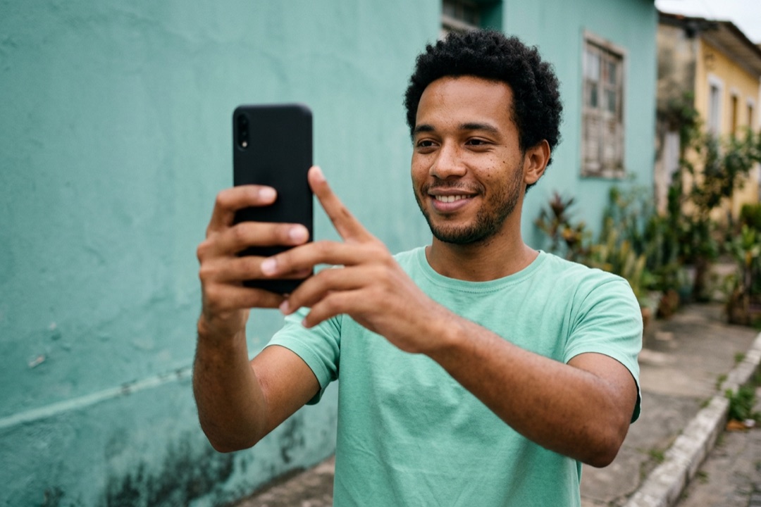 Homem sorrindo segura o celular com o braço esticado para tirar uma foto de perto do próprio rosto, na calçada.