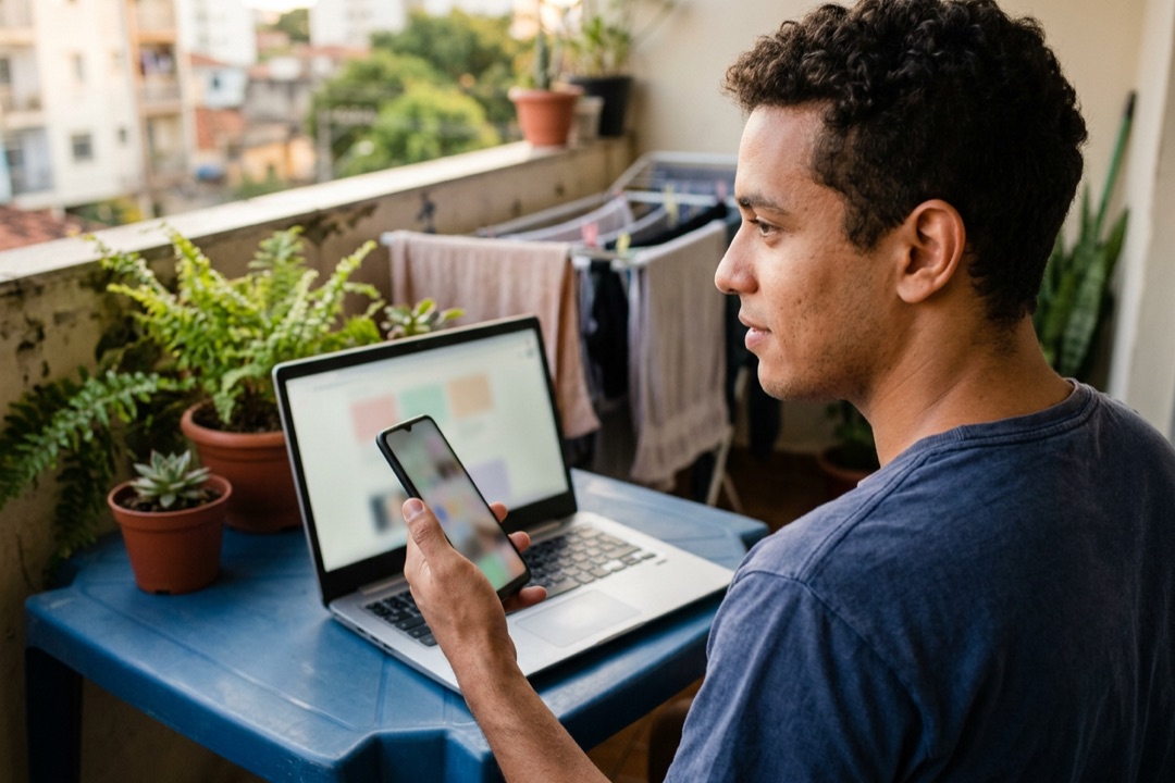 Homem jovem na varanda olhando do celular para o notebook aberto sobre a mesa