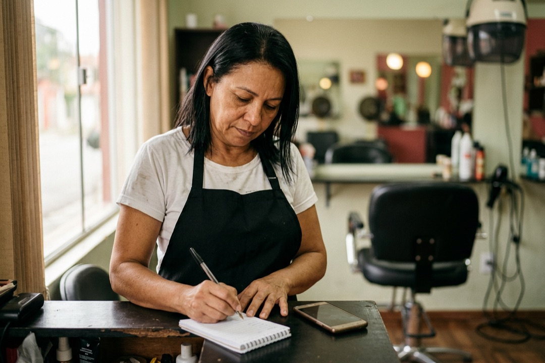 Cabeleireira anota à mão uma lista curta num bloco de notas no balcão do salão.