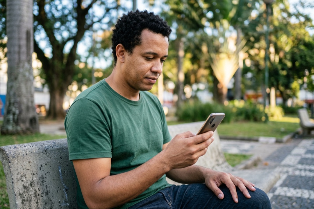 Homem sentado num banco de praça olhando o celular com expressão paciente, esperando a primeira venda.