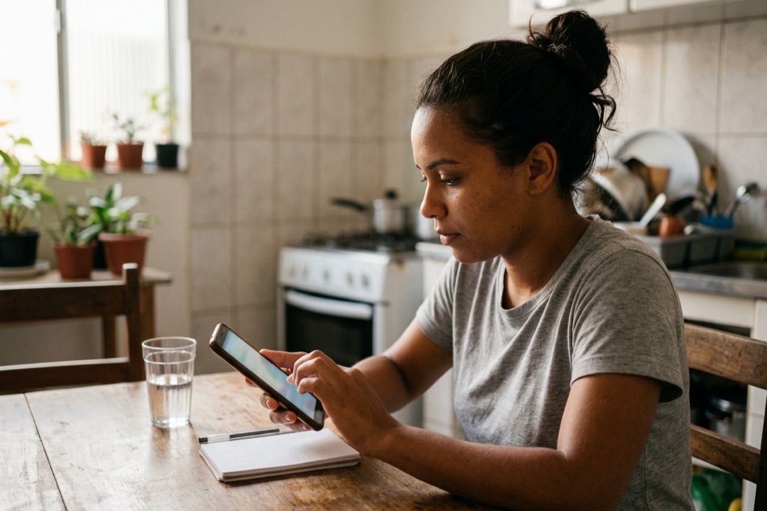 Mulher em uma mesa de cozinha mexendo no celular para copiar o link do próprio perfil