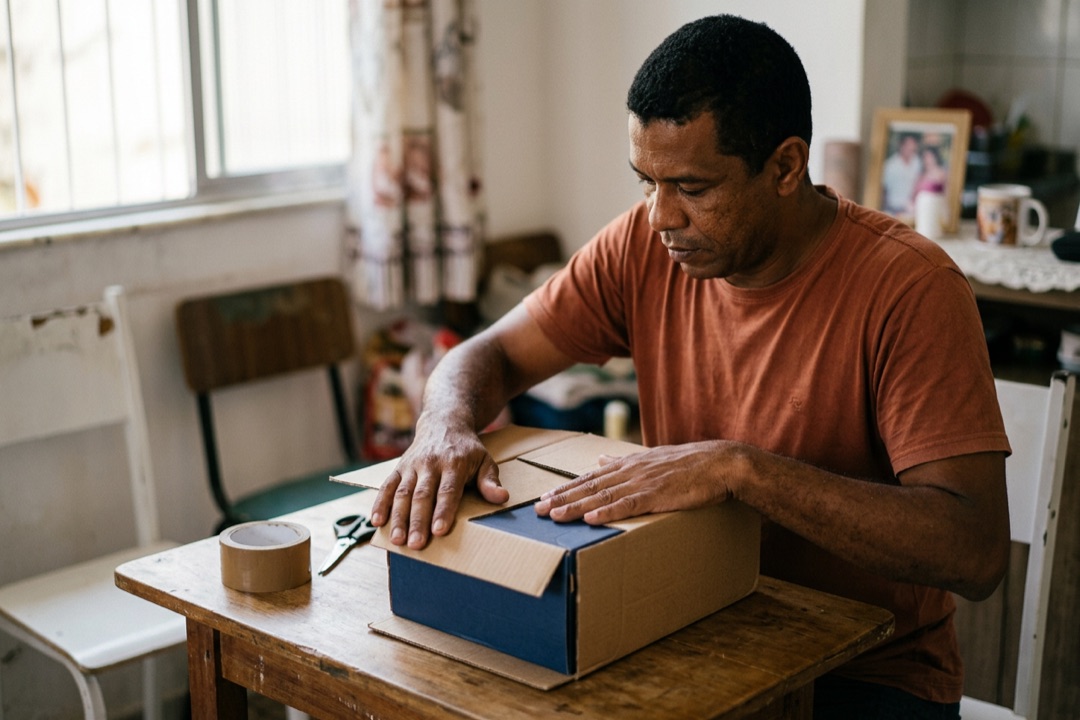 Homem fechando uma caixa de papelão com um produto para devolução, sobre a mesa de casa.