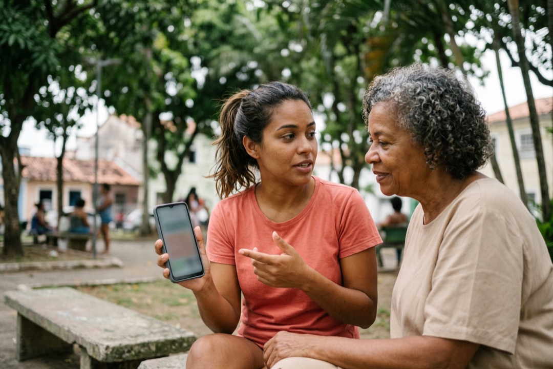 Mulher jovem mostra o celular e explica algo a uma vizinha mais velha num banco de praça