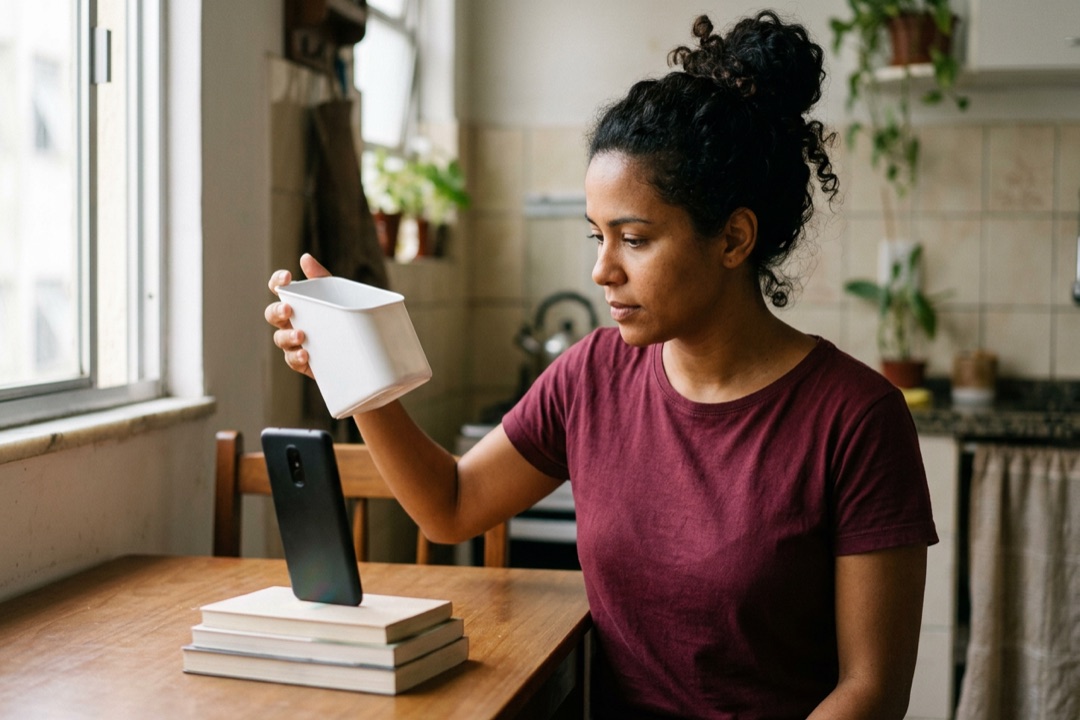 Mulher segura um objeto de cozinha diante do celular apoiado numa pilha de livros para gravar um vídeo na vertical.