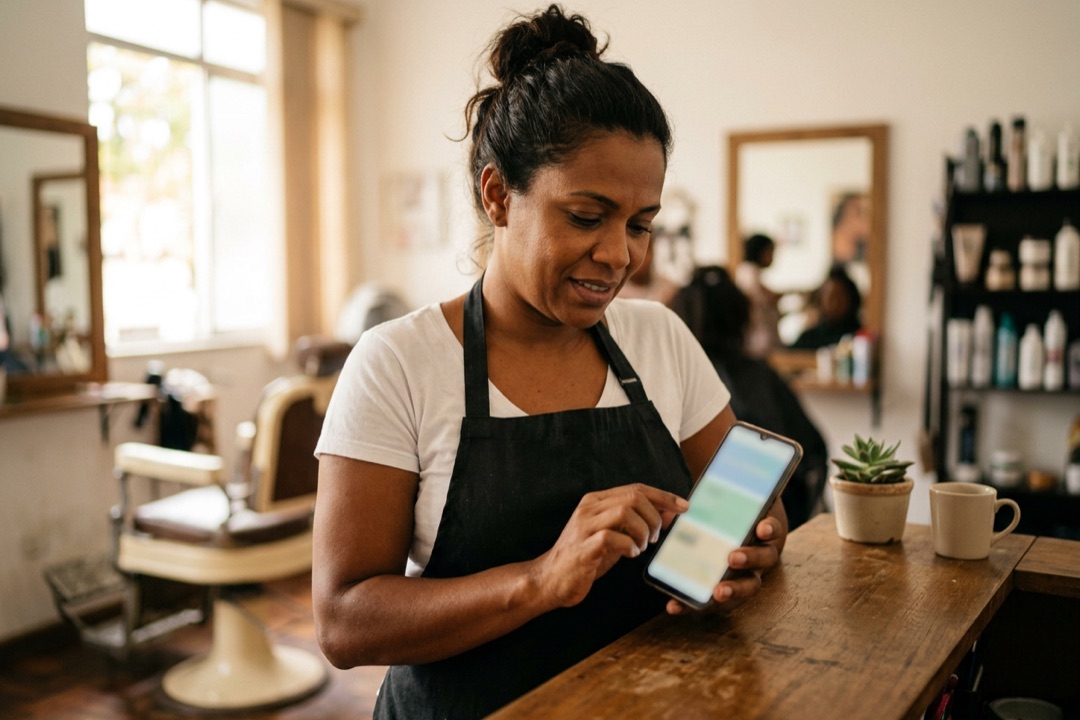 Mulher no balcão de um salão de beleza mexendo no celular para programar um alarme