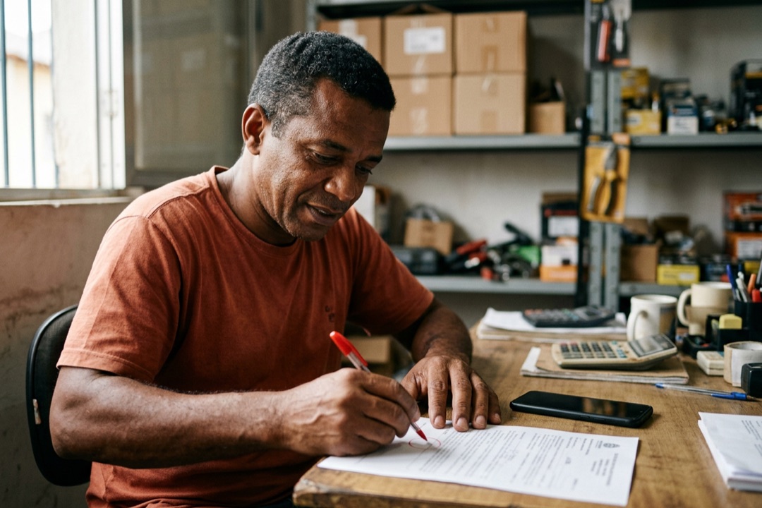 Homem sentado a uma mesa marca com caneta vermelha um trecho de uma folha impressa para conferir os dados.