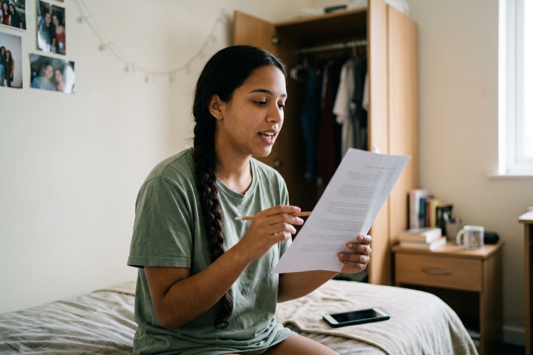Jovem sentada na cama lê em voz alta uma folha impressa, com um lápis na mão, para testar um roteiro.