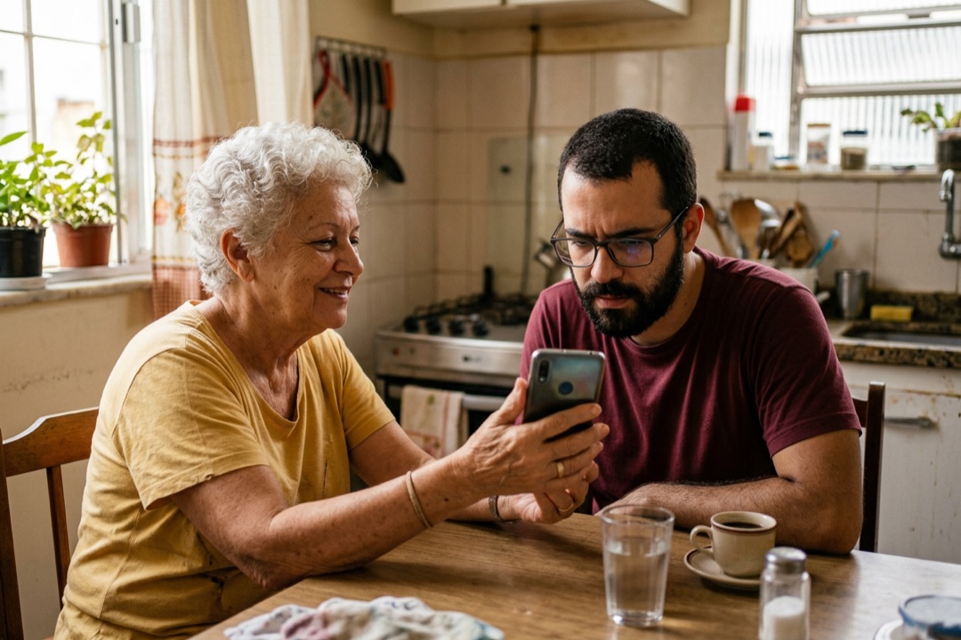 Mulher idosa mostra a proposta no celular para um homem de confiança, que lê com ar preocupado, numa cozinha.