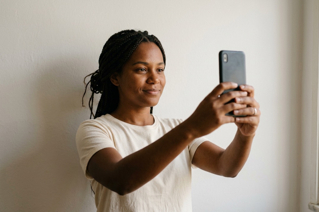 Mulher segura o celular à frente do rosto para tirar uma foto de perfil diante de uma parede lisa e clara.