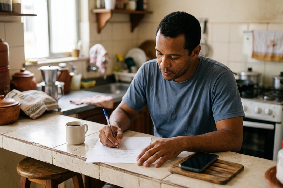 Homem anotando em uma folha de papel, no balcão da cozinha, o que inclui o serviço, o preço e o prazo.