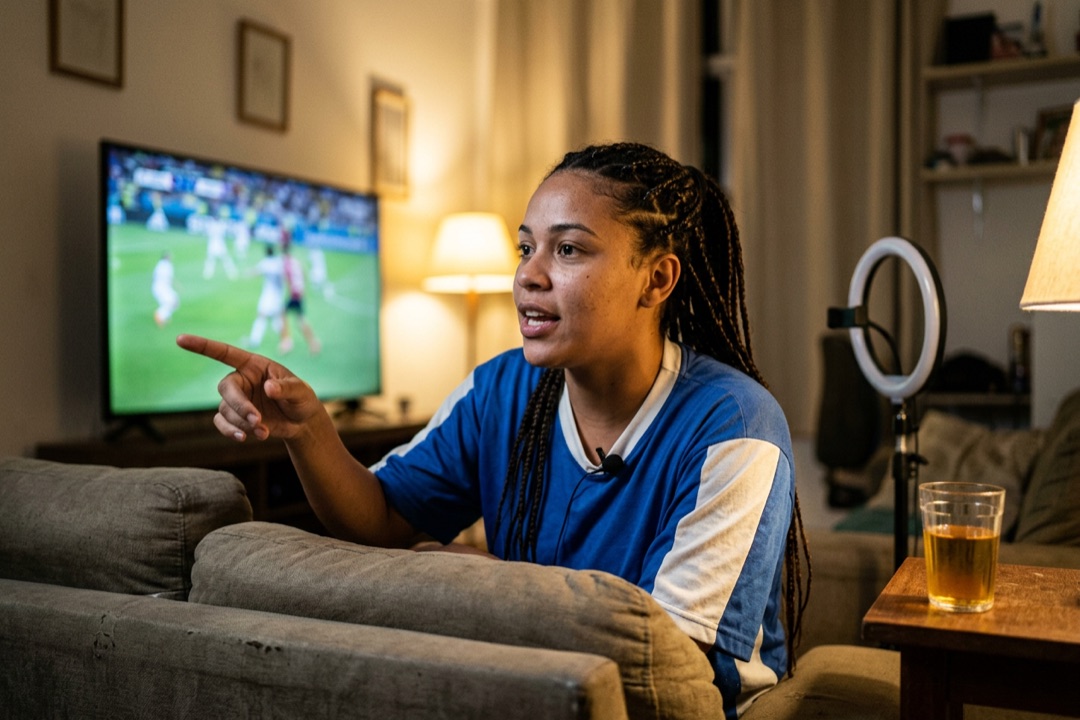 Jovem comenta no microfone o replay de uma partida de futebol na TV da sala