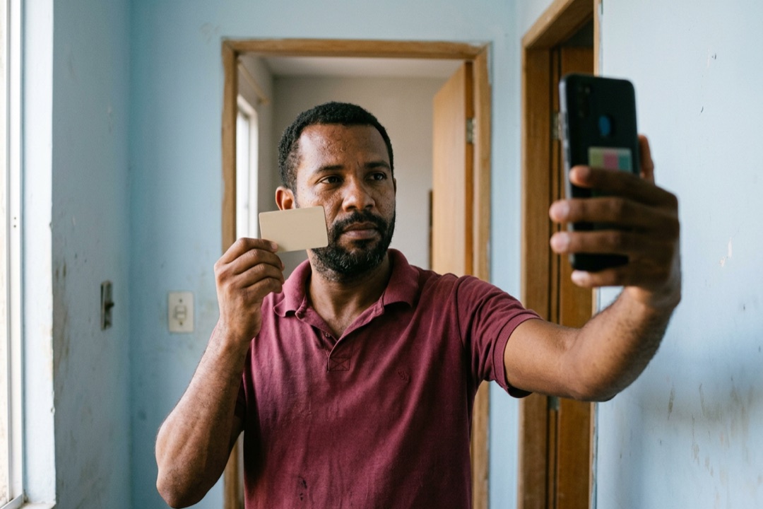 Homem tirando selfie com o documento ao lado do rosto