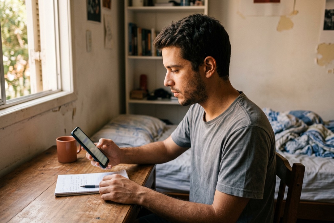 Homem num quarto simples olhando uma página de vendas no celular, com um bloco de anotações na mesa