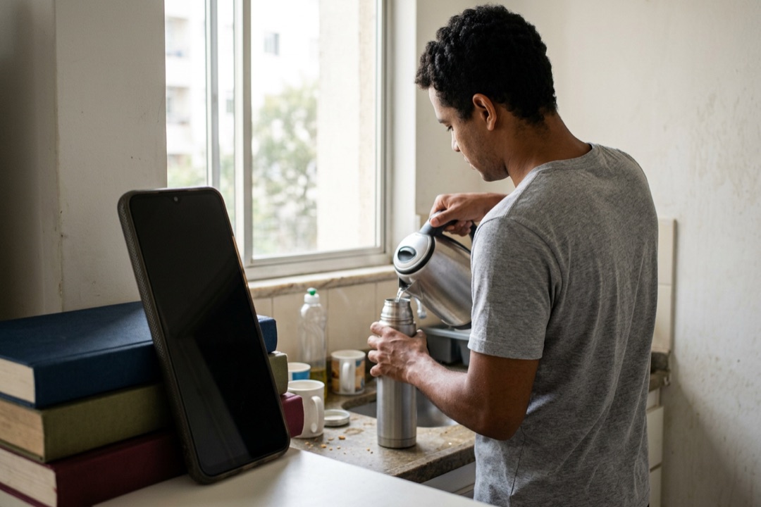 Homem enchendo uma garrafa térmica na cozinha enquanto o celular, apoiado em livros, grava na vertical perto da janela