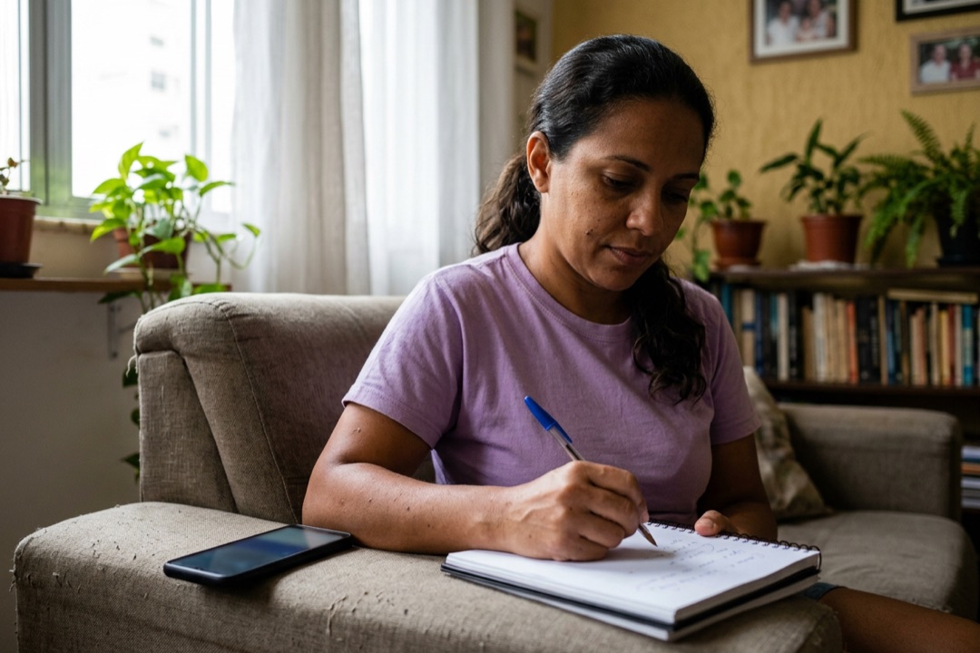 Mulher sentada no sofá da sala com um caderno aberto no colo e uma caneta na mão, anotando um teste