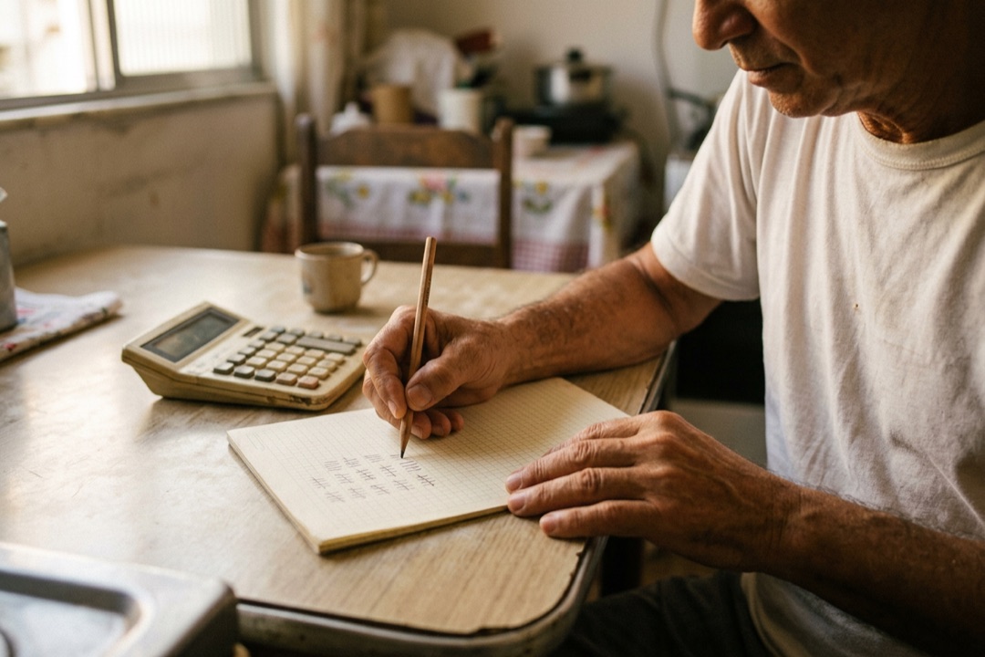Homem mais velho faz traços no papel para contar clientes, com uma calculadora ao lado, numa mesa de sala de jantar.