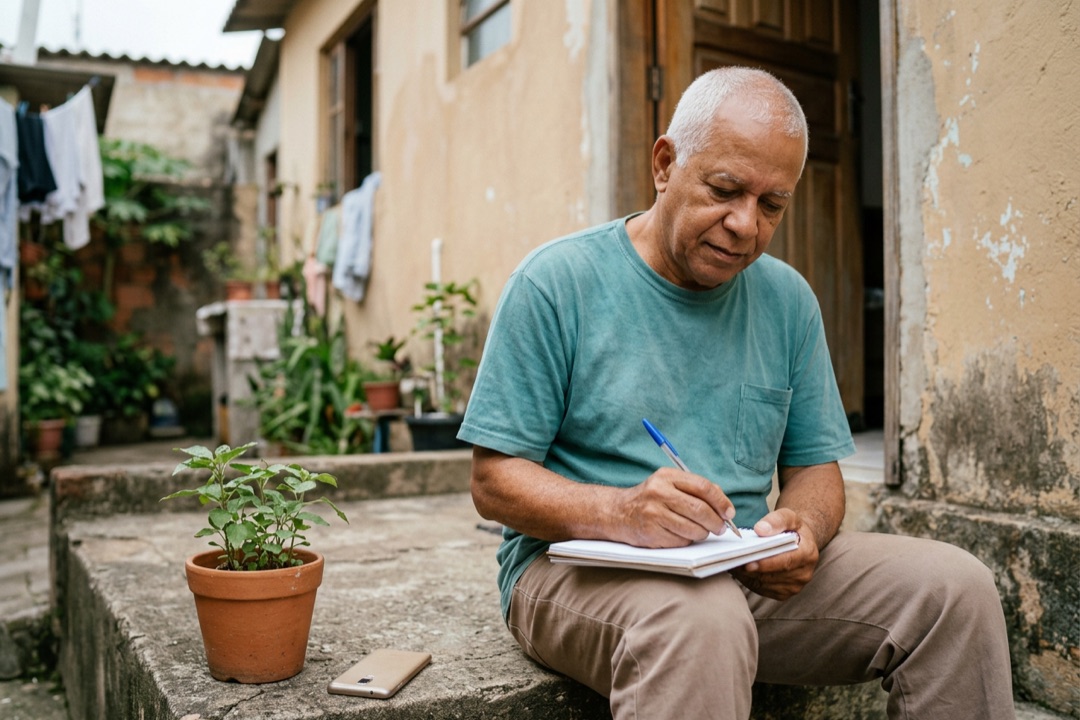 Homem idoso sentado na porta dos fundos de casa anotando algo num caderno, com o celular ao lado.