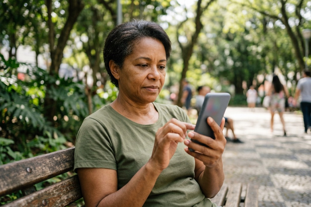 Mulher sentada num banco de praça rolando uma página no celular com atenção
