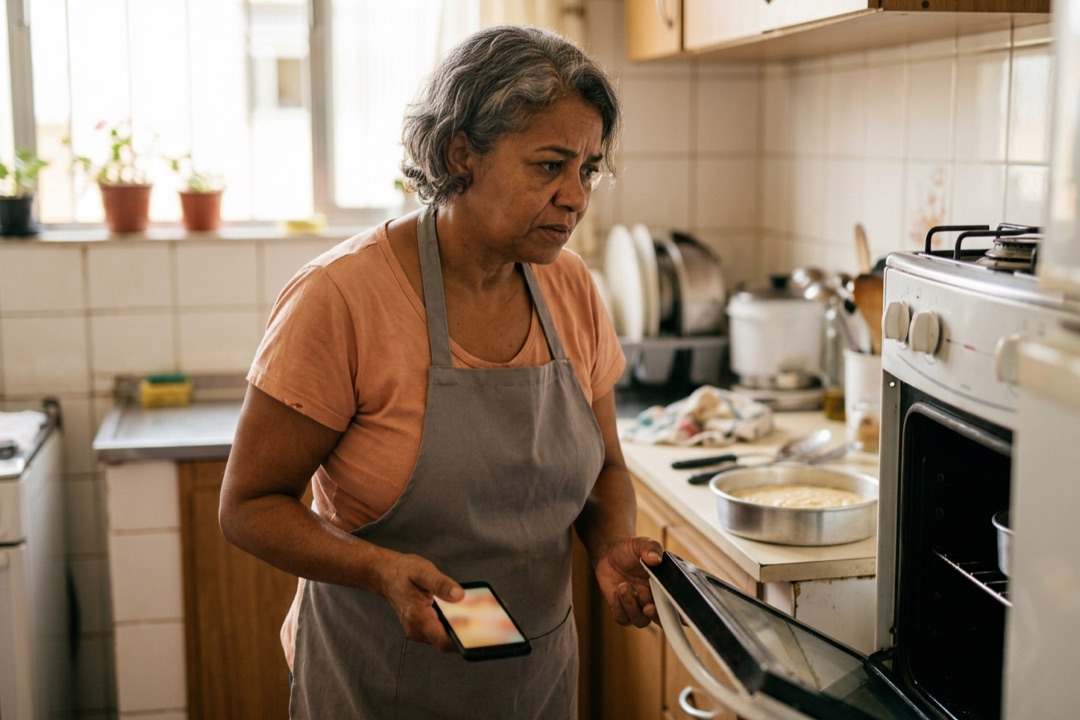 Mulher na cozinha olha desconfiada para o forno aberto, com uma forma de bolo na bancada