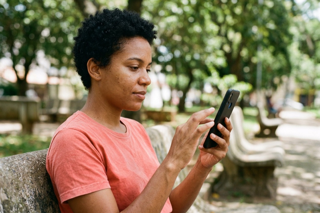 Mulher sentada num banco de praça segura o celular com o polegar sobre a tela, prestes a publicar