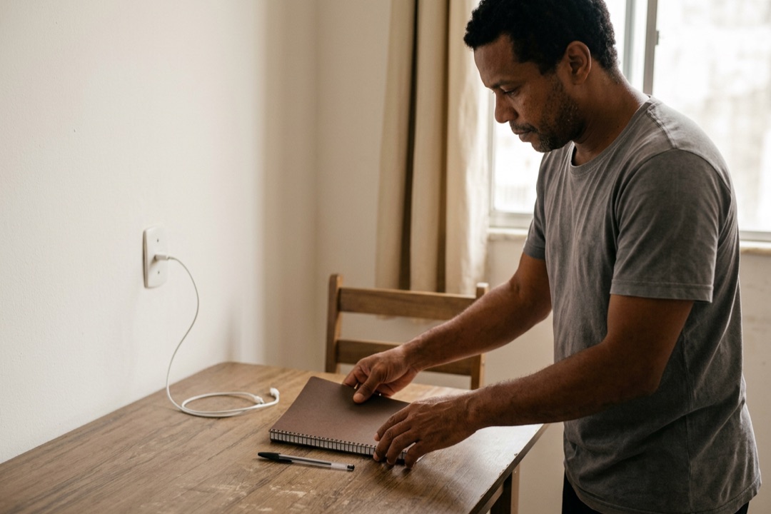 Homem arruma a ponta da mesa da cozinha com caderno, caneta e carregador para criar seu canto de trabalho.