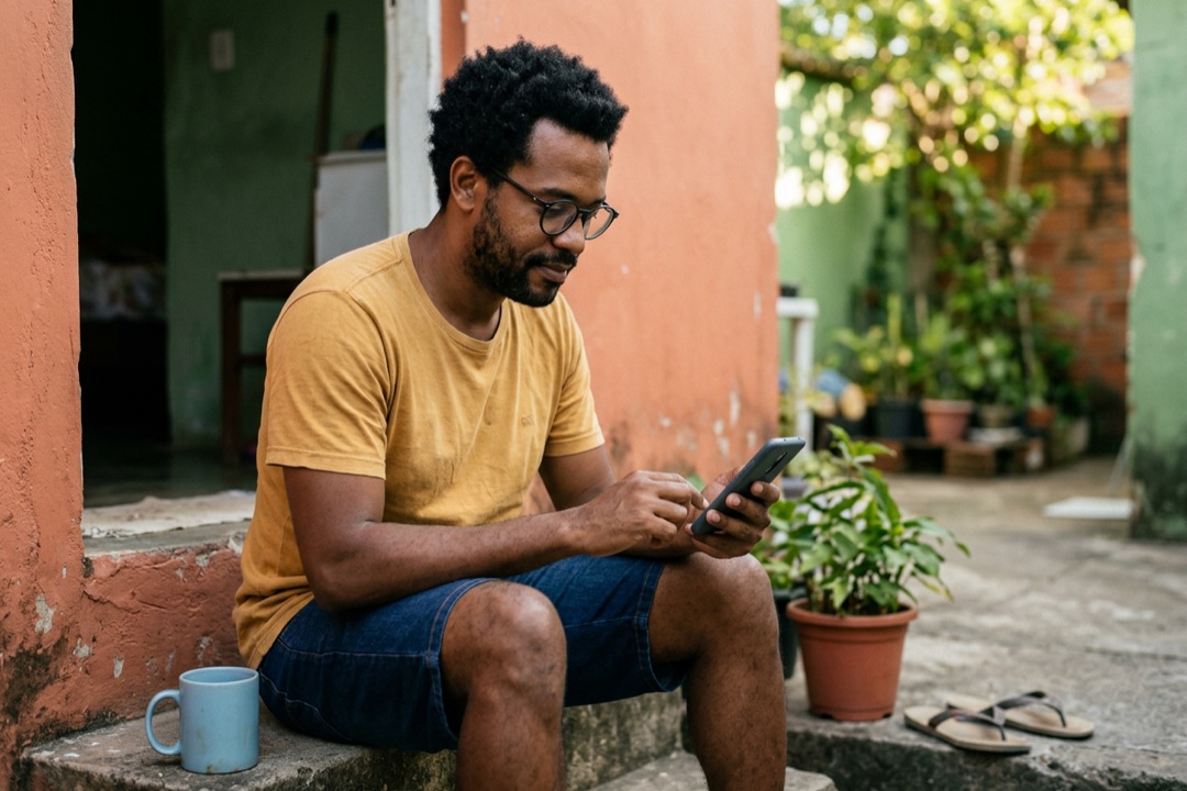 Homem sentado na soleira de casa digitando no celular para escrever o texto da página de vendas
