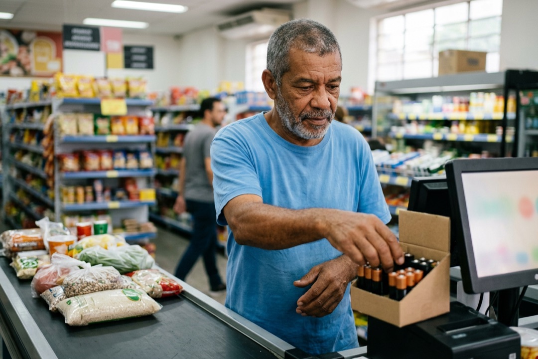 Homem pegando um pacote de pilhas ao lado do caixa do mercado