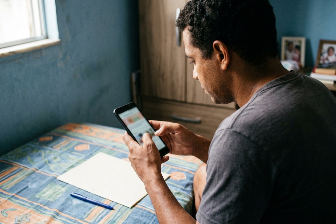 Homem sentado na beira da cama olhando uma página no celular para conferir como se fosse um afiliado