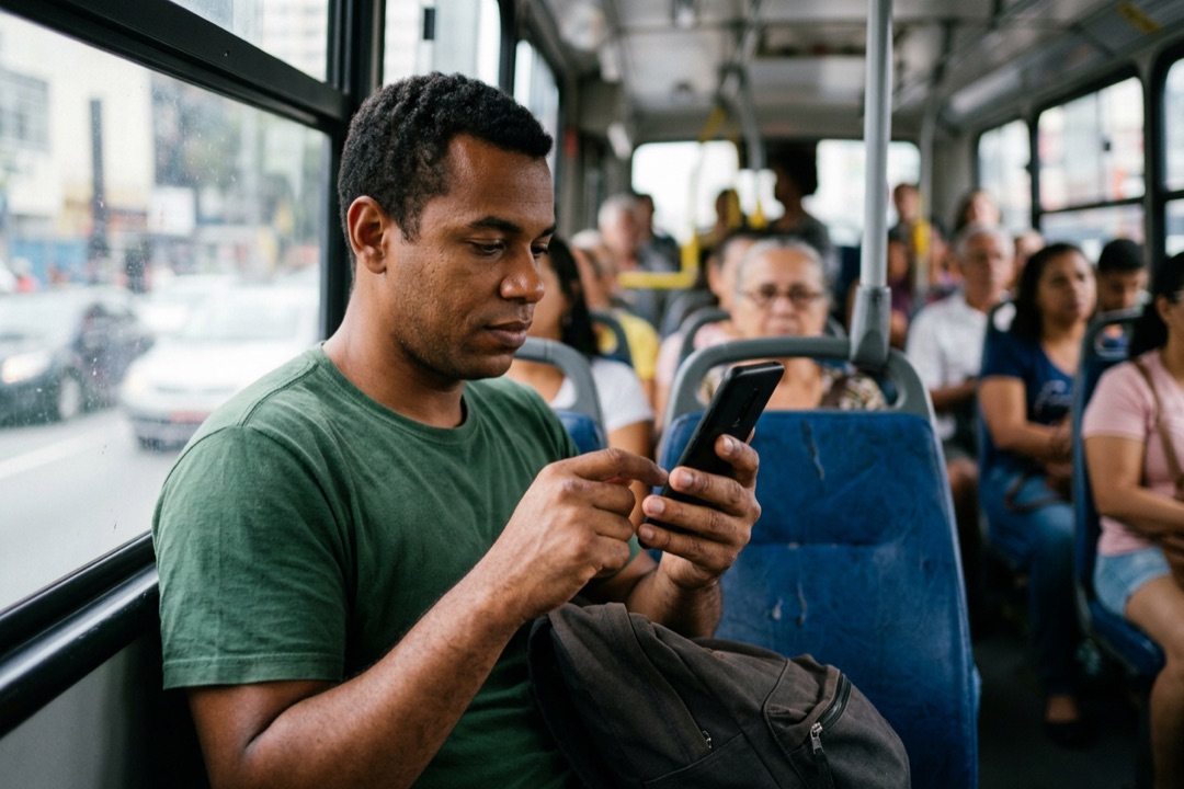 Homem sentado no ônibus digitando no celular para preencher um cadastro