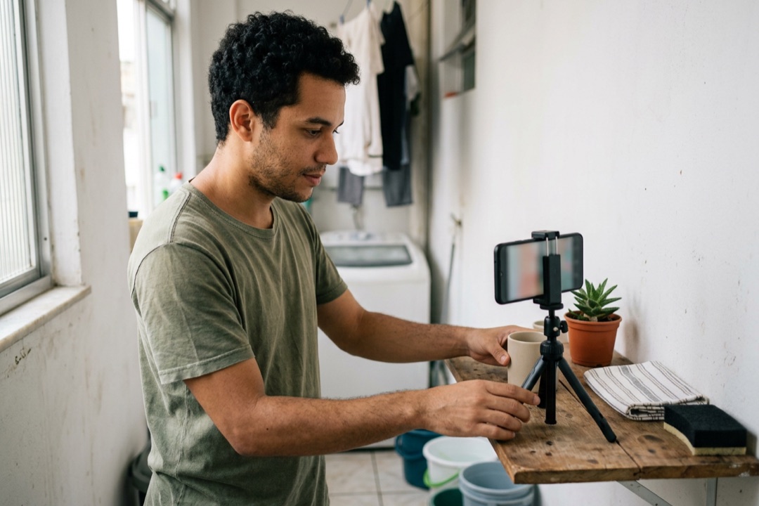 Homem grava em casa um vídeo curto de produtos simples com o celular preso a um tripé de mesa.