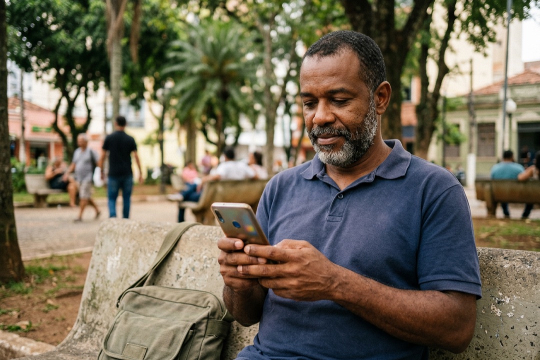 Homem sentado num banco de praça digitando no celular para postar uma oferta pessoalmente no grupo.