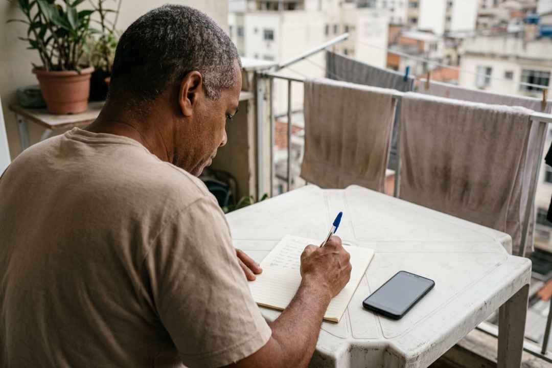 Homem na varanda escrevendo à mão uma lista de pontos numa folha de papel, com o celular virado para baixo ao lado