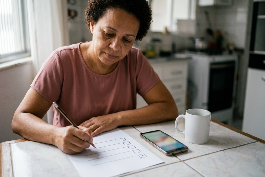 Mulher marcando uma lista de cinco itens numa folha ao lado do celular, à mesa da cozinha